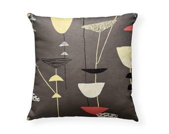 Lucienne Day Calyx cushion cover in yellow, pink and grey, mid century vintage cushion