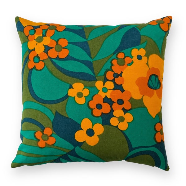 Vintage Scandinavian cushion cover by Mölnlycke Tuppen, 60s 70s retro, jade blue orange yellow, mid century floral