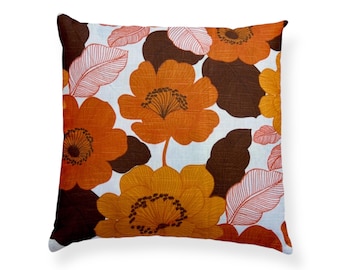 Vintage scandinavian floral cushion cover, orange yellow brown, retro flower cushion