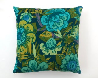 Vintage Sanderson Tansy linen cushion cover, mid century floral, olive turquoise petrol, 60s decor