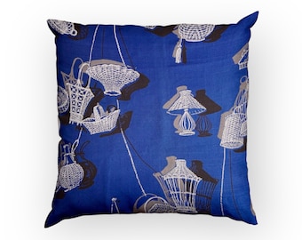 Vintage barkcloth wicker basket print cushion cover, mid century cushion, blue vintage cushion