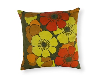 Vintage scandinavian floral cushion cover, orange yellow green, retro flower cushion, Boras fabric