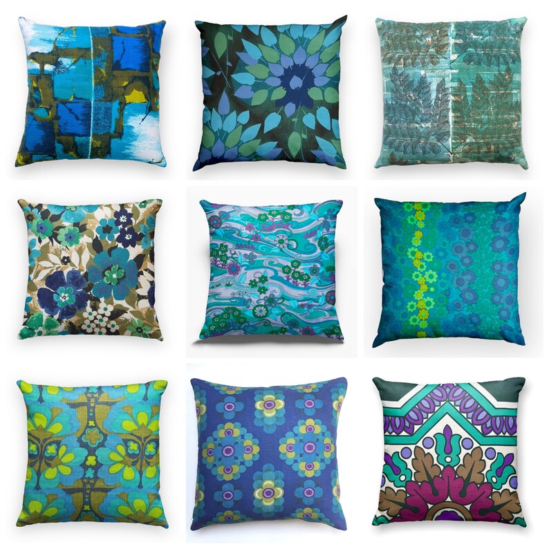 mid century orange vintage Heals cushion cover, Florabunda by Peter Hall, retro floral, green turquoise blue cushion image 5