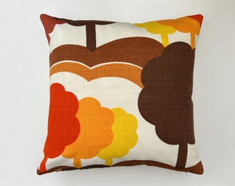 Vintage retro tree print cushion cover, 70s pillow, orange brown decor