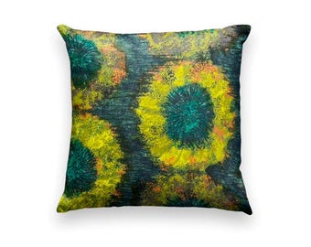 Vintage abstract circle print cushion cover in mustard and turquoise, 70s pillow