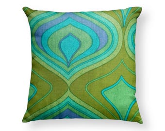 Vintage op art cushion cover, purple turquoise olive cushion, retro home