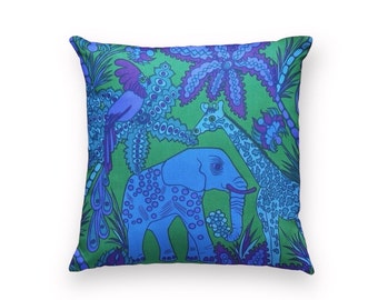 Vintage jungle print cushion cover, purple green cushion, Irish fabric, elephant giraffe