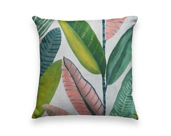 Scion Hikkaduwa cushion cover in Tropical, banana leaf cushion, pink green cushion