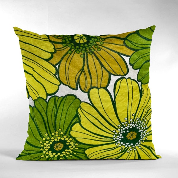 Vintage retro flower cushion cover in green and yellow, St Michael, 70s floral cushion