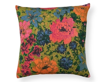 Vintage floral linen cushion cover, mid century cushion, rustic pillow