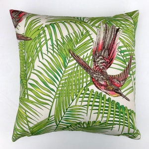 Osborne and Little Sunbird cushion cover in Kiwi and Ruby, palm print, exotic bird, double sided, tropical decor
