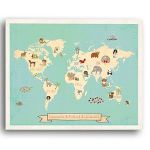 Animal World Map, World Map Wall Art Print for Kid&#39;s, 24x18, Global Compassion, Gender Neutral Nursery Wall Art, Children&#39;s Room