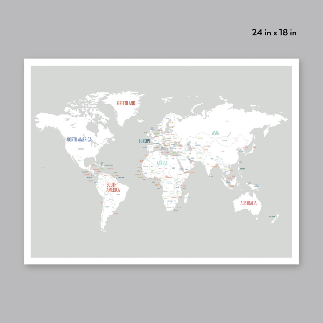 Printable World Map, Digital Download Map, Travel Map, Light Gray ...