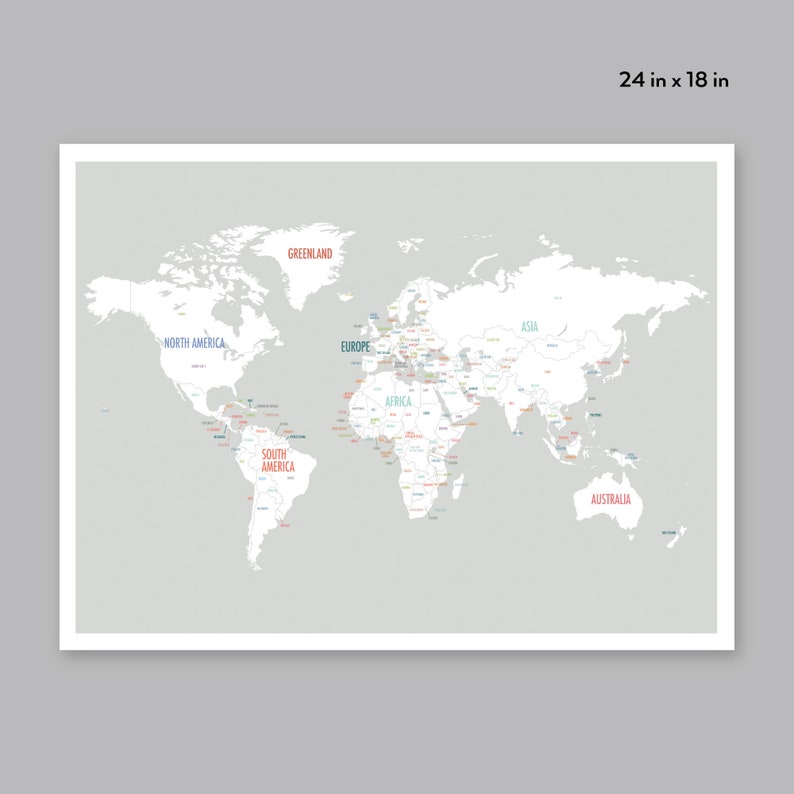 Printable World Map, Digital Download Map, Travel Map, Light Gray ...
