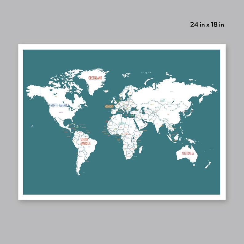 Printable World Map, Digital Download Map, Travel Map, Turquoise, World ...