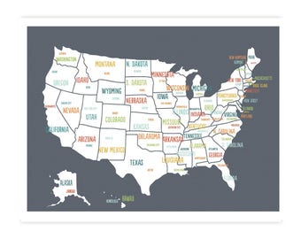 May include: A white map of the United States with state names in various colors against a dark gray background. The map includes Alaska and Hawaii. The text includes the names of the states.