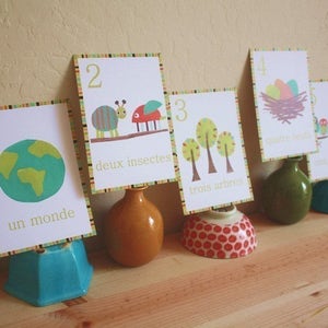 Tarjetas de conteo en francés, tarjetas de pared para niños numéricos, temática de la naturaleza, arte de la pared de la guardería, decoración de la habitación de los niños, decoración de la pared francesa, número de Francia