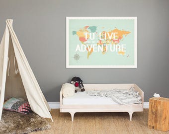 To Live World Map Art Print, Nursery Art, 36x24, Gender Neutral Decor,Peter Pan, Kids Room, Baby Shower, Family, Travel