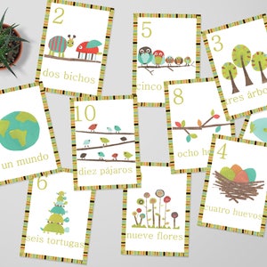 Números espanhóis, cartões de parede infantis, contagem, arte de parede de berçário, decoração infantil, berçário neutro de gênero, tema natureza