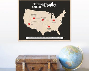 Mapa dos EUA personalizado, pôster de mapa dos estados, lembrança única para pais, presente para família dispersa.