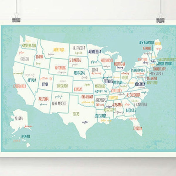 Printable USA Map, Map Wall Art, Digital Download, Travel Map, 14x11, 18x12, 24x18, Gender Neutral Nursery Wall Decor, Kid's Room, Playroom