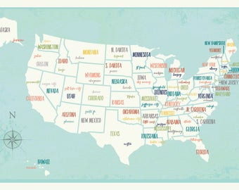 May include: A colorful map of the United States, with each state outlined and labeled. The map features a compass rose in the lower left corner and the state names in various colors. The background is a light blue.