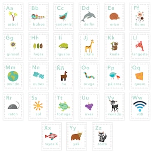 Alphabet espagnol, notre monde, cartes murales pour enfants, 5 x 7, art mural pour chambre d'enfant, chambre d'enfant sur le thème des animaux, thème de la nature, ABC, chambre d'enfant neutre