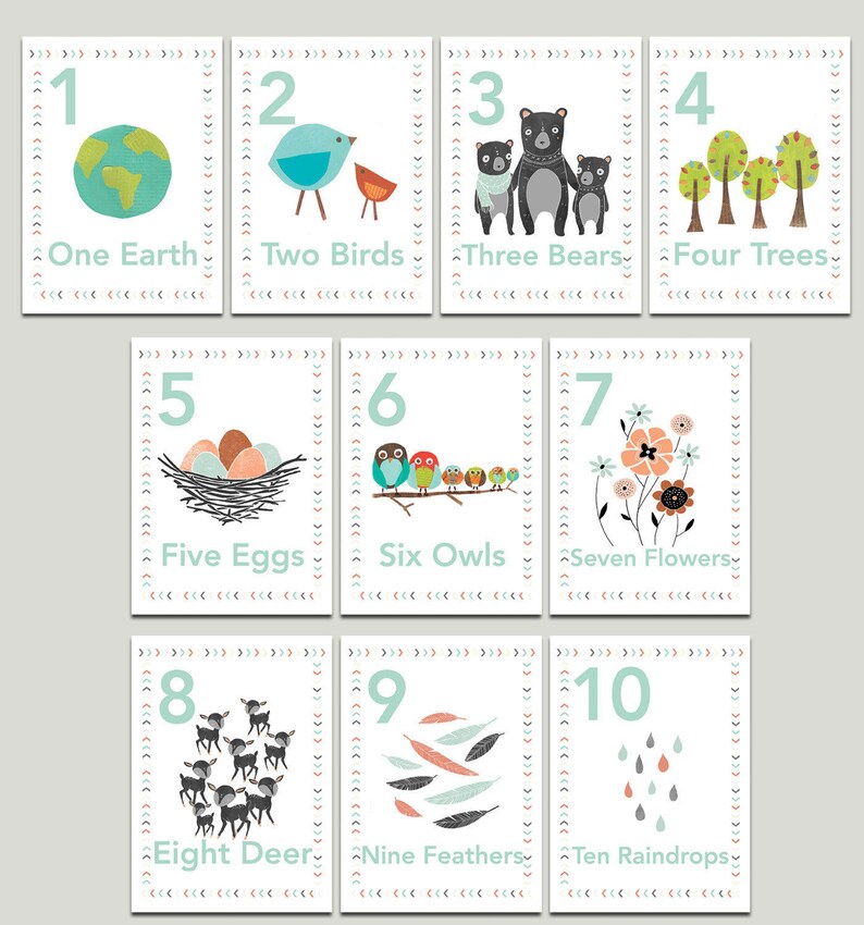 Puede incluir: Juego de diez tarjetas ilustradas con los n&uacute;meros del 1 al 10, con im&aacute;genes de una tierra, p&aacute;jaros, osos, &aacute;rboles, huevos, b&uacute;hos, flores, ciervos, plumas y gotas de lluvia. Cada tarjeta tiene un borde decorativo y la palabra correspondiente.