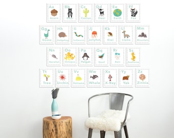 English Alphabet Our World Children&#39;s Wall Cards 5x7 Woodland Nursery Wall Art, Animal Themed Kids Room, Nature Decor, ABC, Gender Neutral
