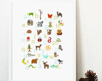 Swedish Alphabet Print 11x14 Nursery Wall Art, Animal Themed, Kid&#39;s Art Decor, Gender Neutral Nursery, ABC, Children