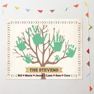 May include: A handprint tree art print with the family name "THE STEVENS" and the names of family members: Bill, Marie, Jenny, Liam, Sam, and Coco.