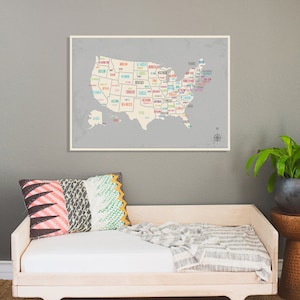 USA Map Wand Kunst Druck, 24x18, 36x24, Kinderzimmer Wand Kunst Dekor, Gender Neutral Kinderzimmer Dekor, USA Karte