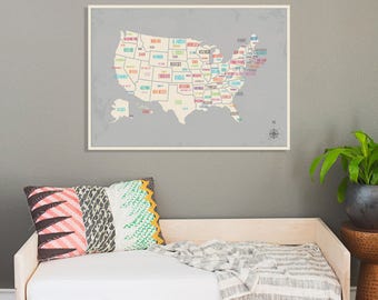 USA Wall Map Wall Art Print, 24x18, 36x24, Nursery Wall Art Decor, Gender Neutral Kids Room Decor, United States of America Map