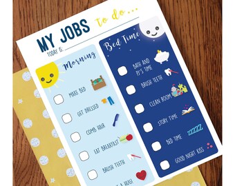 May include: A colorful chore chart titled "MY JOBS to do..." with morning and bedtime routines. The morning section includes tasks like making the bed and eating breakfast. The bedtime section includes brushing teeth and story time.