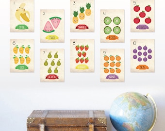 123 Tarjetas flash de conteo, Tarjetas de pared de frutas, Impresiones de números de guardería para bebés, Decoración de sala de juegos, ABC, Decoración de la habitación del bebé Arte educativo
