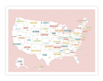 Printable United States Map, Digital Download Map, Travel Map, Usa map kids, Map of united states poster for kids, Usa map for kids