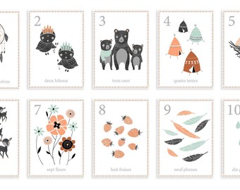 Woodland French Counting Cards Set of 10 5x7 Number Wall Spring Cards, Kid's Room, Children's Wall Art, Gender Neutral Nursery