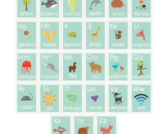 Spanish Alphabet Flash Cards, Abc Spanish Prints, Spanish Nursery Decor, Spanish Flash Cards, Educational Art Wall Cards