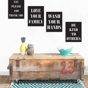 Muurkaarten goede manieren, set van 4 digitale downloads, hou van je familie, kunstcollectie aan de muur, kinderkamerdecoratie, speelkamerdecoratie