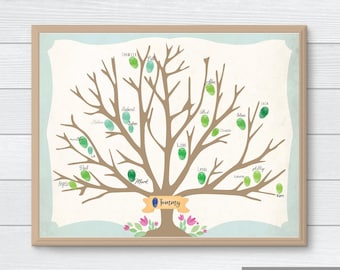 Árbol genealógico con huellas dactilares, descarga instantánea imprimible, letrero familiar, libro de visitas, baby shower, boda, aniversario, decoración de pared con marcos familiares