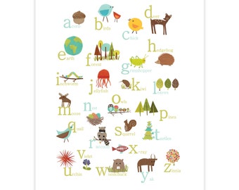 Arte da parete stampabile con alfabeto inglese, Arte ABC, Poster di download digitale, 11x14, Stampe animali, Tema natura, Asilo nido neutro rispetto al genere, ABC