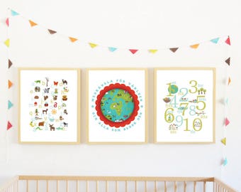 Swedish Alphabet and Global Child Room Collection, Set of 3 Prints, Educational art, 123 number poster, ABC alphabet, alphabet and numbers