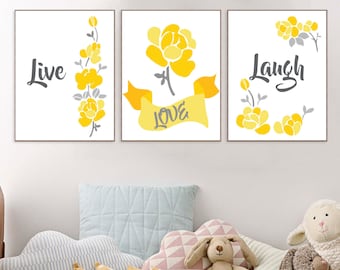 Yellow Gray WALL ART, Live Laugh Love, Bedroom Pictures, Flower Wall Art, Home Decor, Flower Art, Dahlia Flower Set of 3 Prints