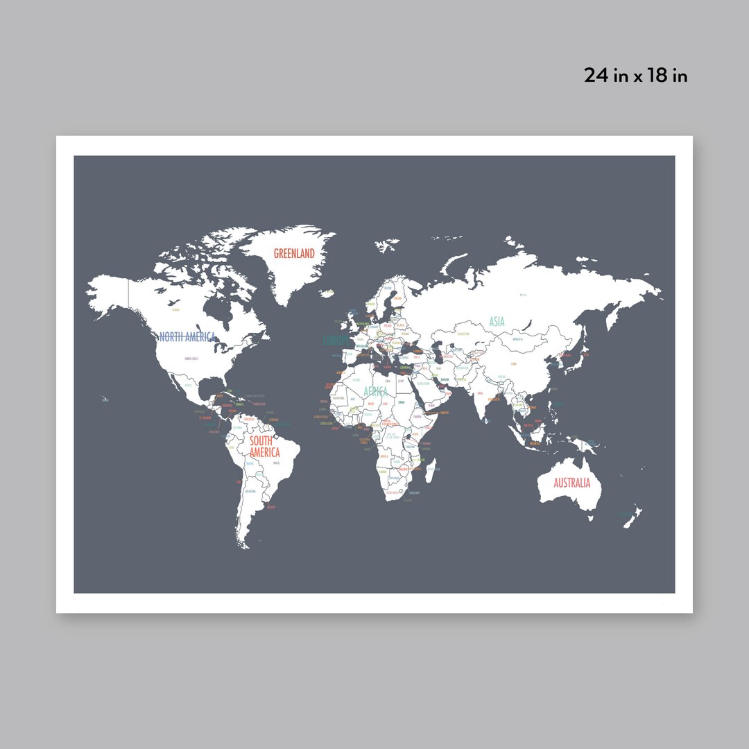 Printable World Map, Digital Download Map, Travel Map, Dark Gray, World ...