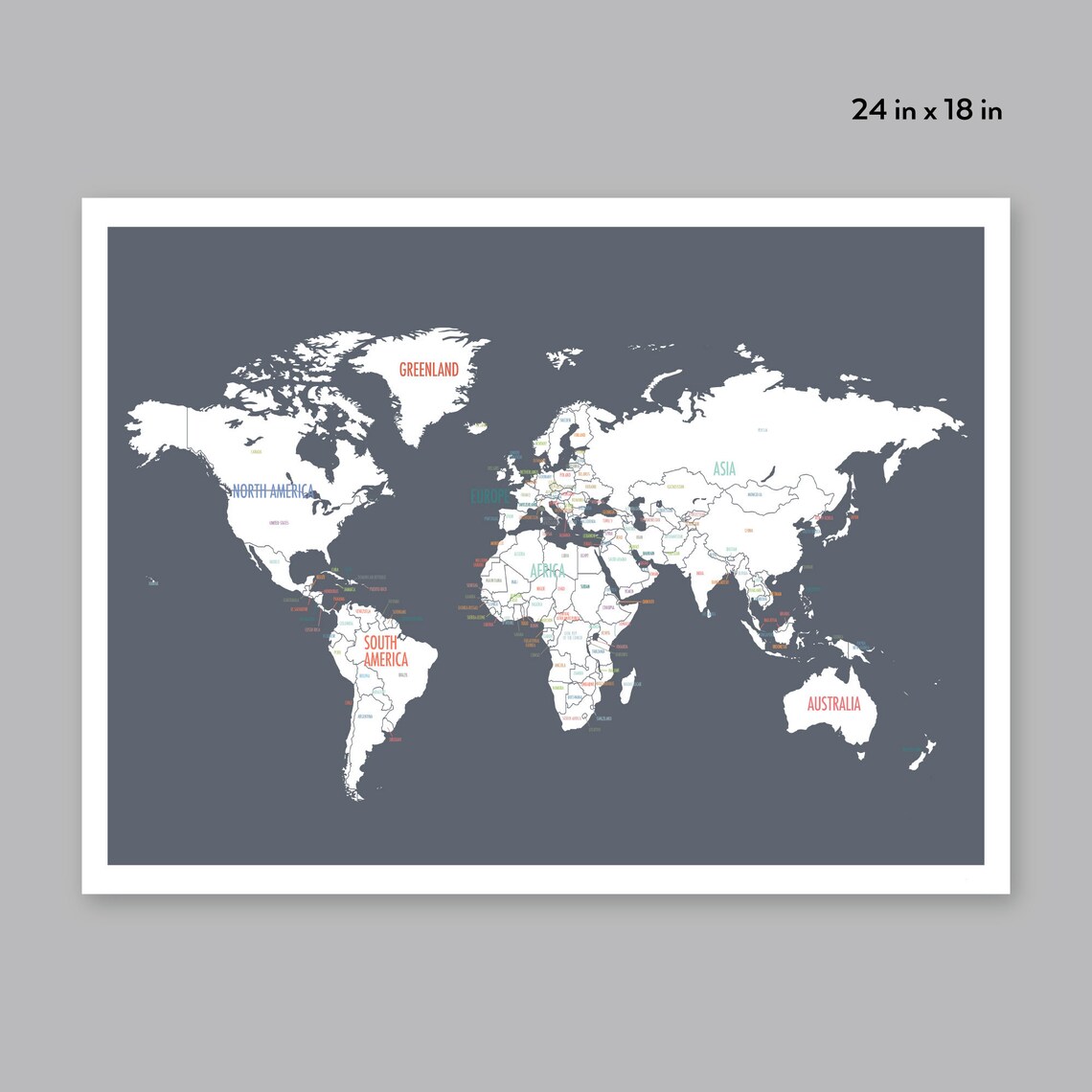 Printable World Map, Digital Download Map, Travel Map, Dark Gray, World ...
