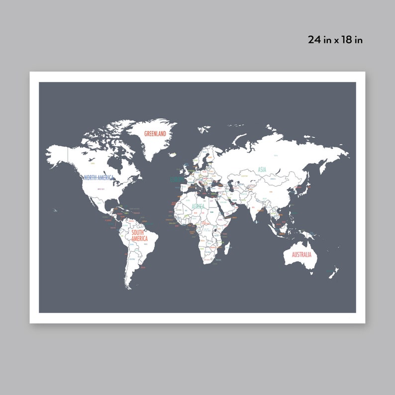 Printable World Map, Digital Download Map, Travel Map, Dark Gray, World map kids, Map of the World poster for kids, World Map for Kids image 1