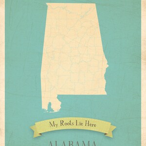Art de la carte pour chambre d'enfant, affiche de carte, décoration murale de carte, oeuvre d'art de carte, 11 x 14, impression personnalisée, carte des racines de l'Alabama