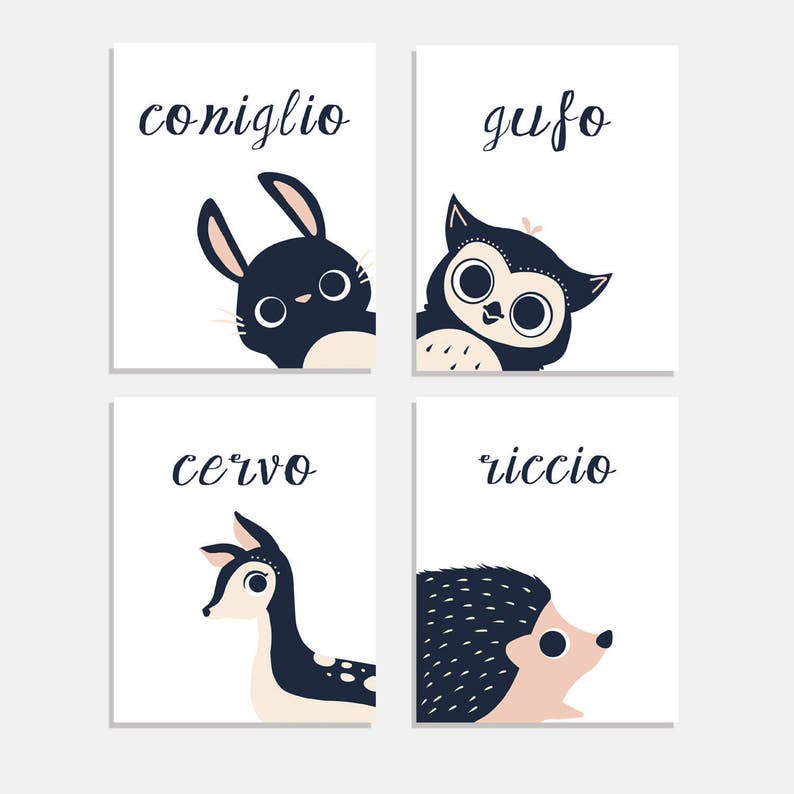 Peeking Animals Italian Collection Kids Room Decor Woodland Nursery Animal Nursery Four 8x10 Wall Art Prints