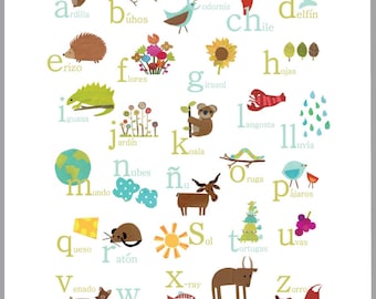 Printable Spanish Alphabet Wall Art, Digital Download Print, 11x14, Animal Prints, Abc Art, Nature Themed, Gender Neutral Nursery,ABC Poster