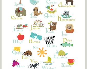 Portuguese Alphabet Print 11x14 Nursery Wall Art, Nature Themed, Kid&#39;s Art Decor, Gender Neutral Nursery, ABC, Child